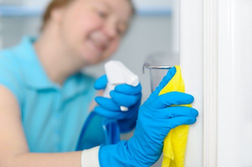 Domestic cleaner working in a Bow apartment kitchen