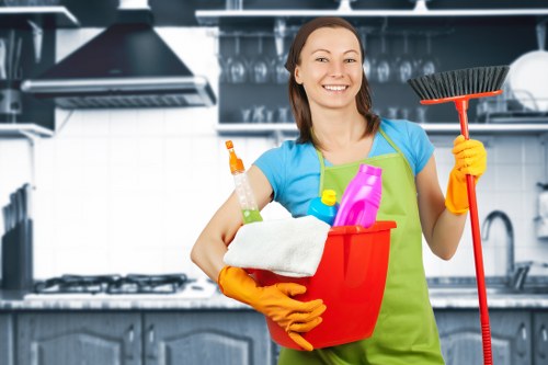 Local deep cleaning team working in a Bow property with focus on surfaces, bathrooms, and floors