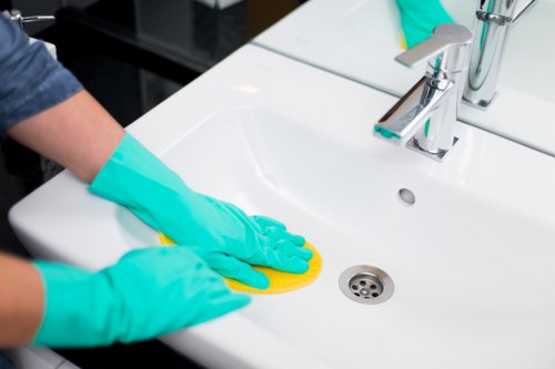 Safe carpet cleaning process with warning signs and protective measures